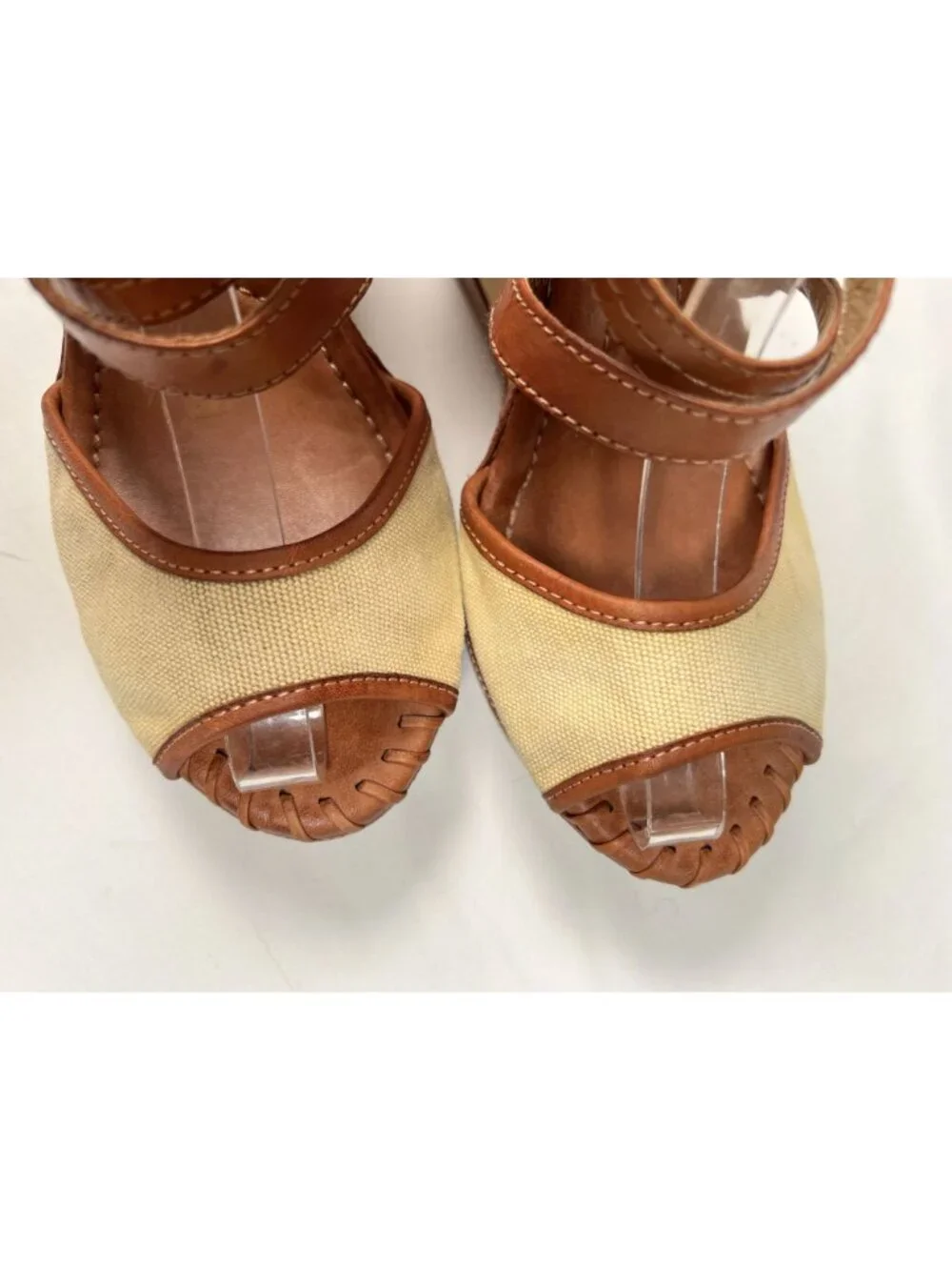 FRYE Corrina Wedge Sandals Tan Brown Leather Canvas Platform Heel 9.5